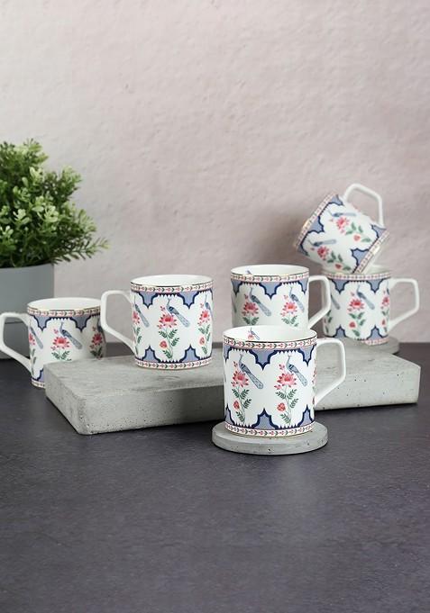 6 Pieces Grey And White Floral Peacock Printed Mugs