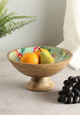 Sea Green And Red Printed Wooden Decorative Bowl