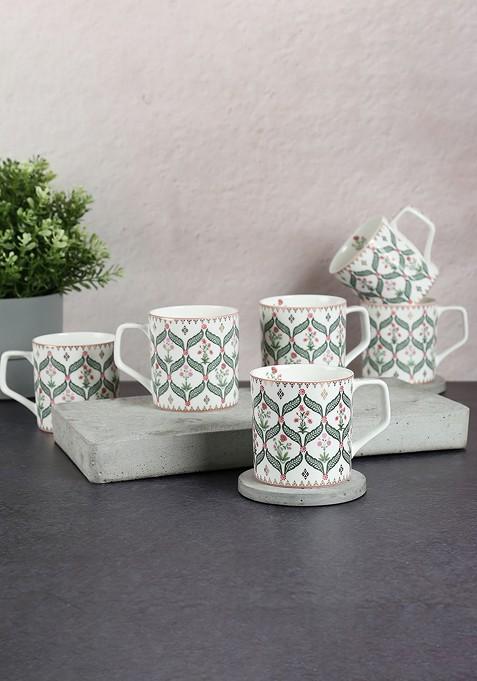 Grey And White 6 Pieces Floral Printed Mugs