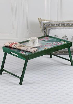 Green And Pink Floral Printed Wooden Breakfast Tray