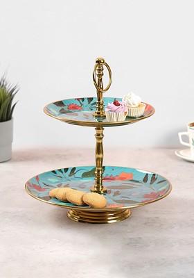 Gold Toned Stainless Steel Blossomy Mosaic 2Tier Serving Tray