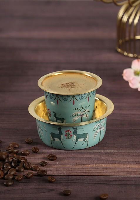 Green 2 Pieces Printed Brass Matte Coffee Tumbler Set