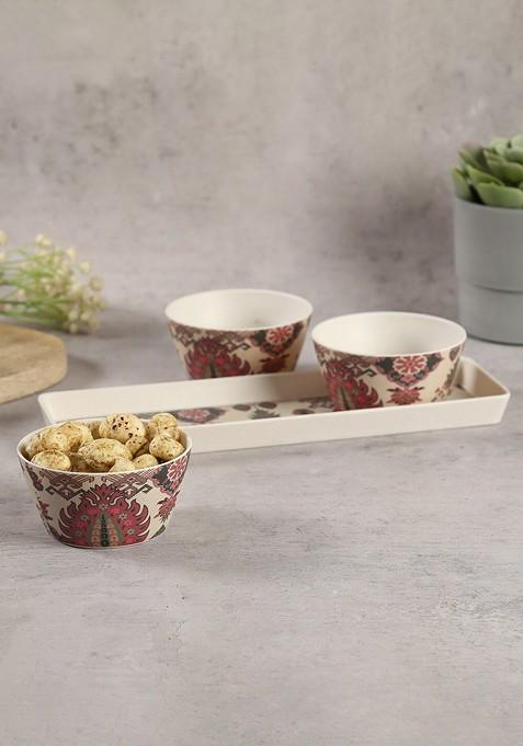 4 Pcs Cream Coloured And Pink Printed Bowls And Tray Set