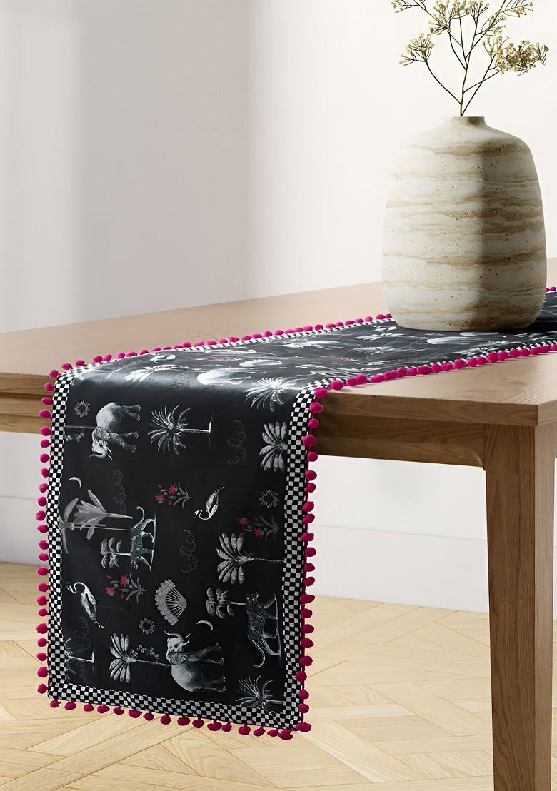 Black And Pink Printed Micro Velvet Table Runner