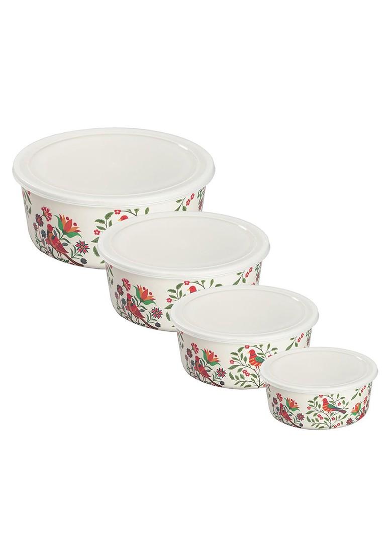 Set Of 4 White And Red Printed Bamboo Kitchen Container