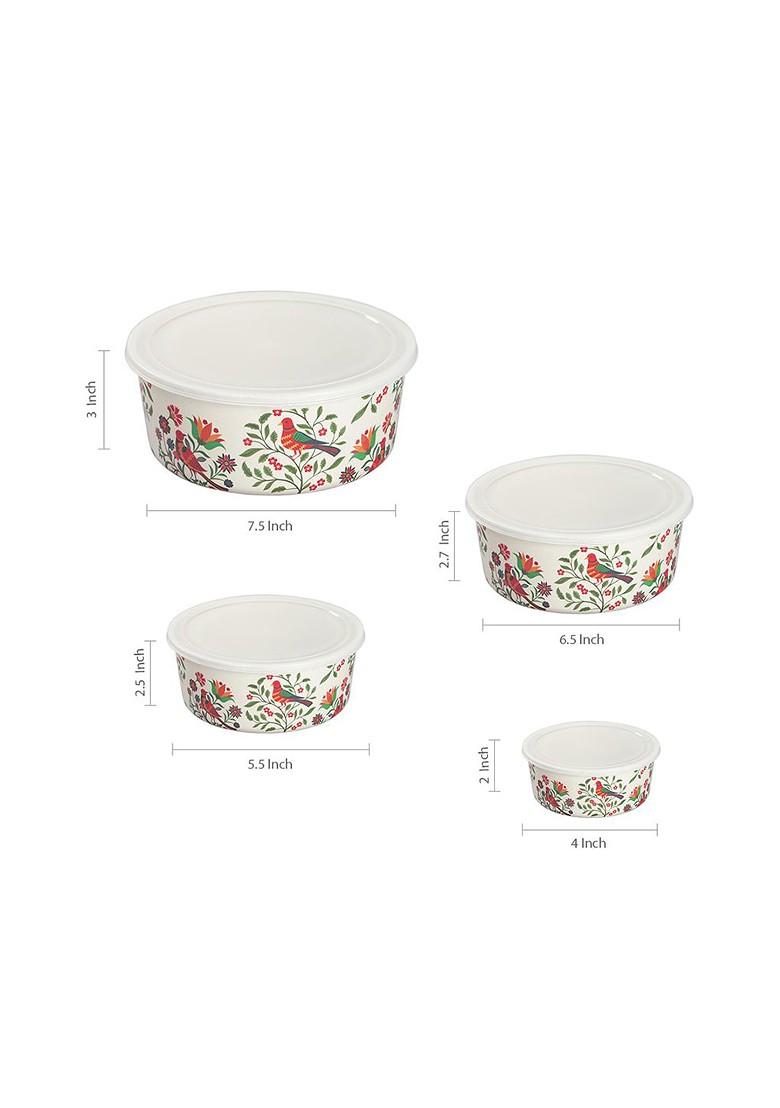 Set Of 4 White And Red Printed Bamboo Kitchen Container