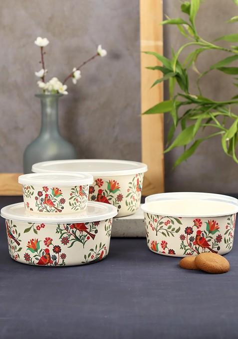 Set Of 4 White And Red Printed Bamboo Kitchen Container