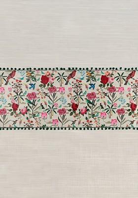 Cream Colored And Red Printed Micro Velvet Table Runner