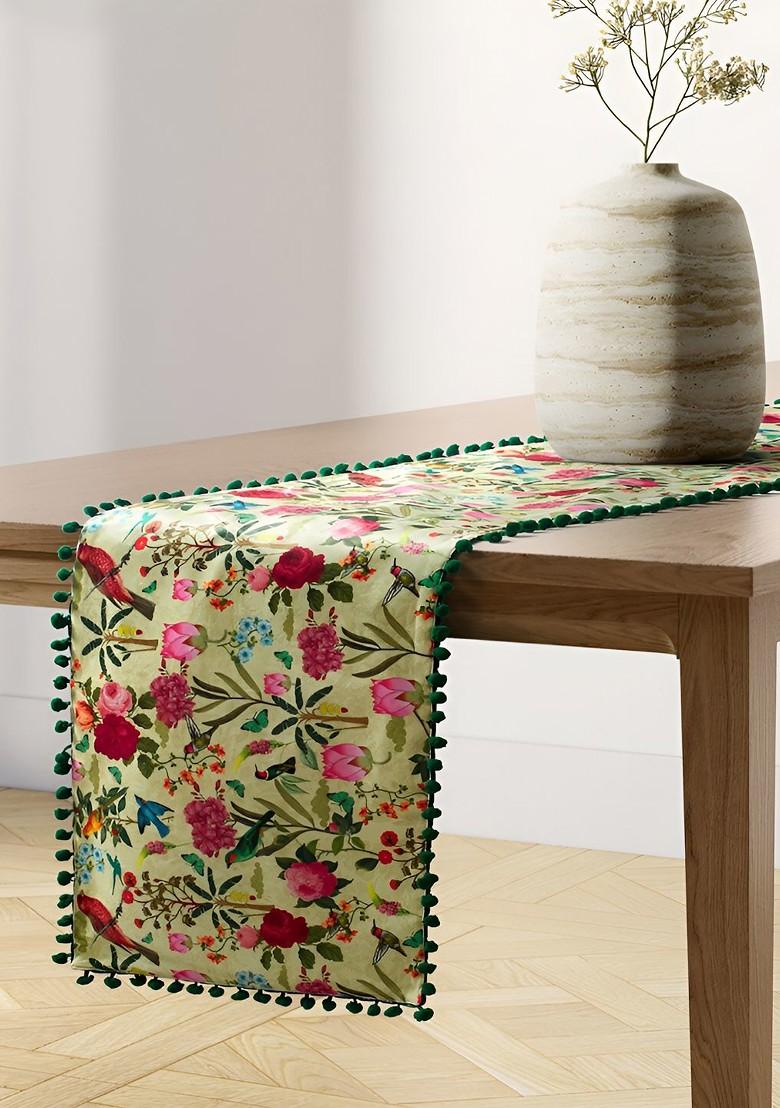 Cream Colored And Red Printed Micro Velvet Table Runner