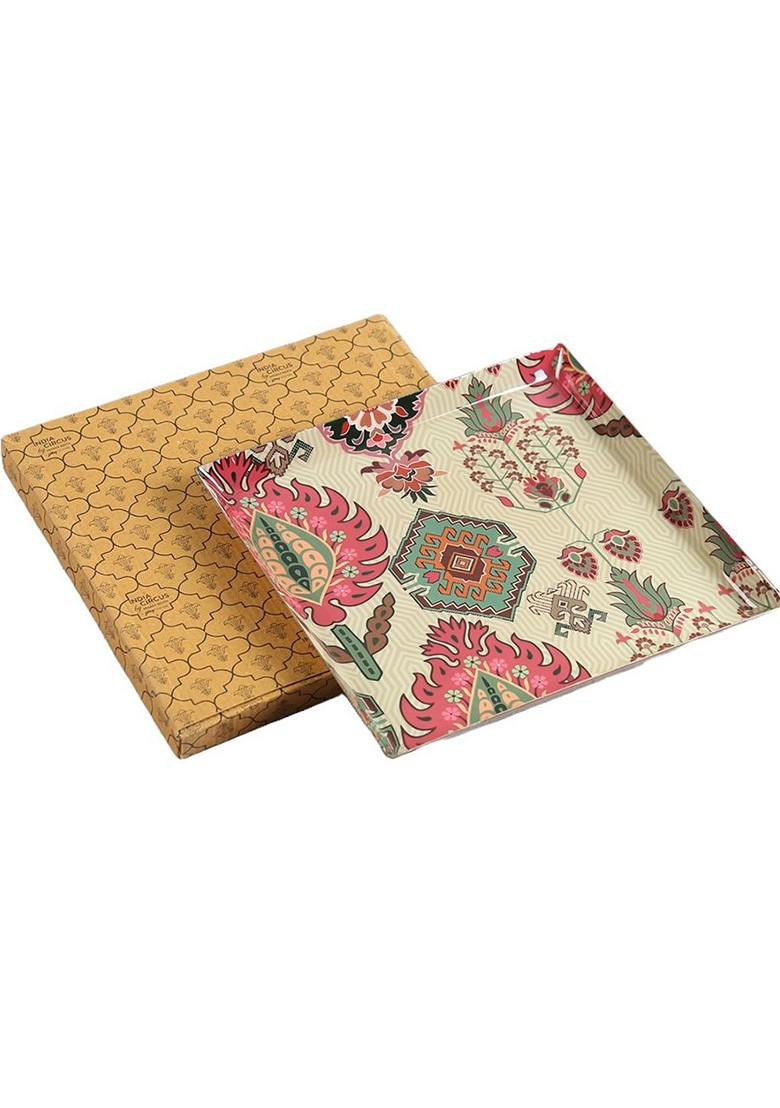 Red And Beige Printed Steel Food Platter