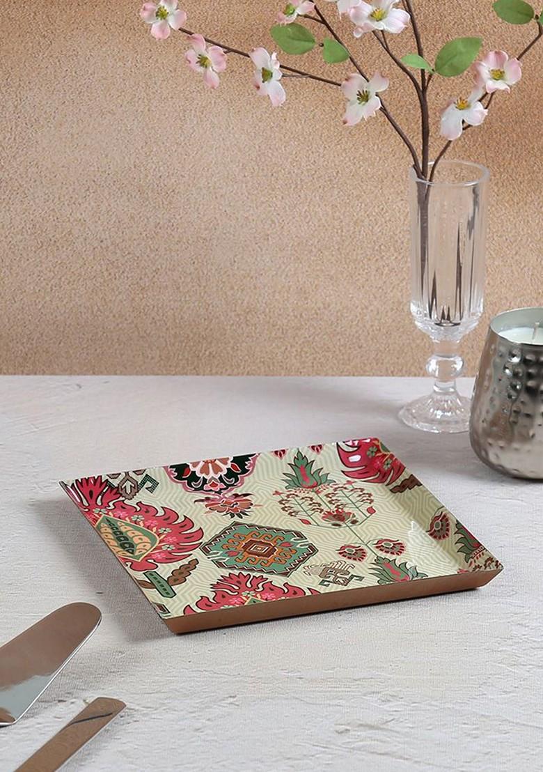 Red And Beige Printed Steel Food Platter