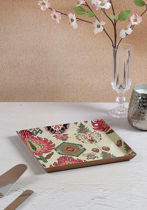 Red And Beige Printed Steel Food Platter