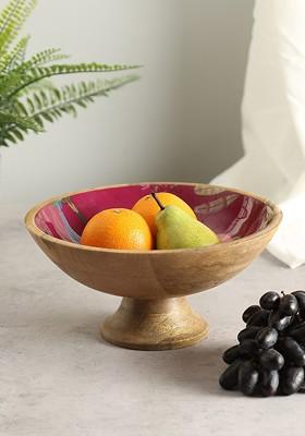 Magenta And Blue Printed Wooden Decorative Bowl