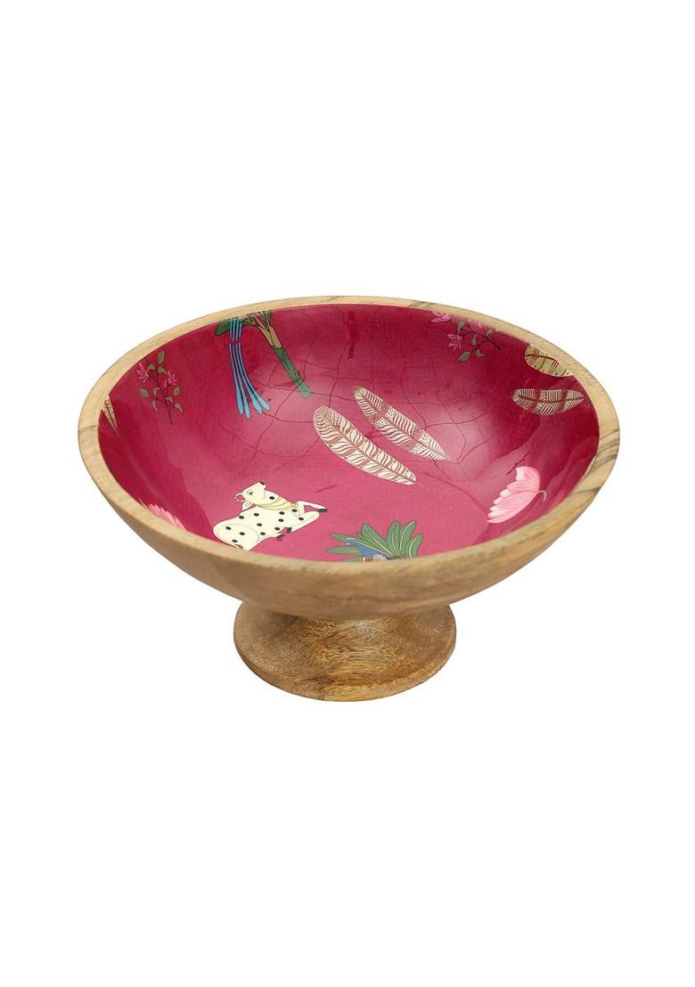 Magenta And Blue Printed Wooden Decorative Bowl