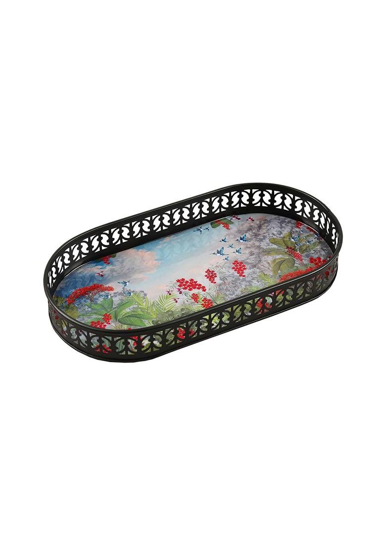 Black And Green Tropical Printed Oval Iron Serving Tray