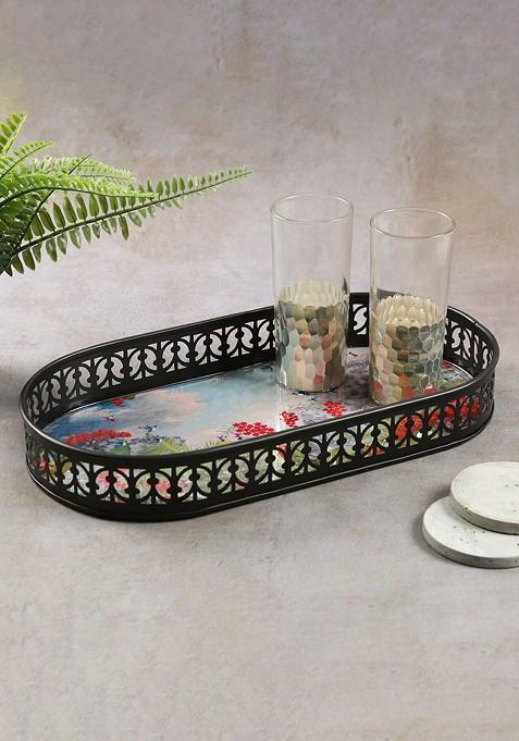 Black And Green Tropical Printed Oval Iron Serving Tray
