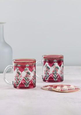 Pome Poetry Red And White Set Of 4 Printed Mugs And Coasters