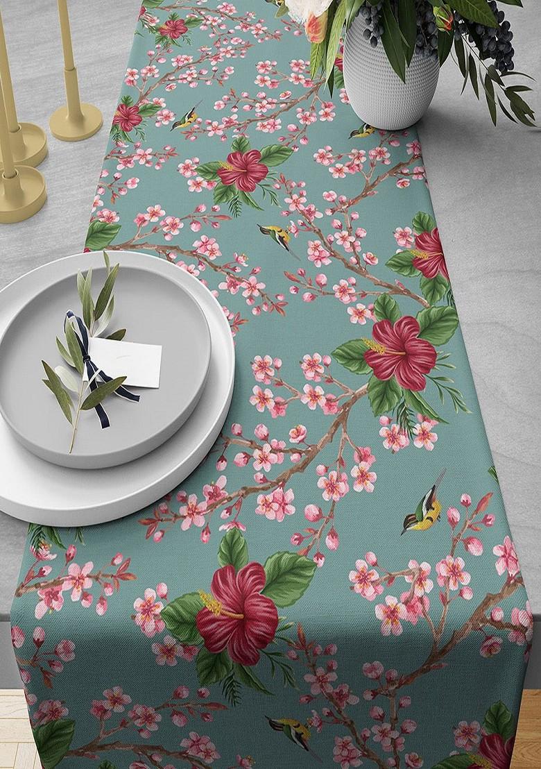 Blue And Red 230 Gsm Perching Floral Printed Table Runner