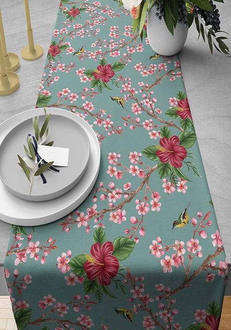 Blue And Red 230 Gsm Perching Floral Printed Table Runner
