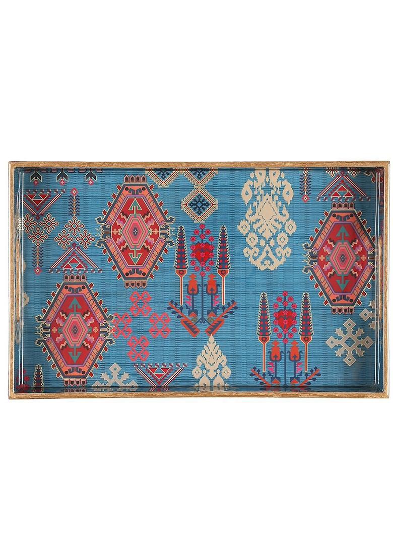 Enchanting Mirage Blue Ethnic Motifs Printed Serving Tray
