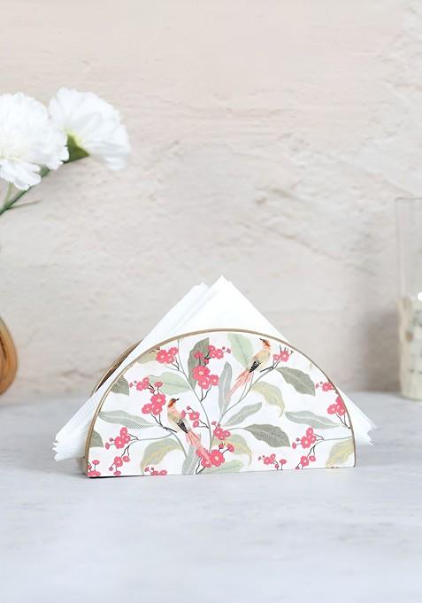 Bird Land Paradise White Floral Printed Wooden Tissue Holder