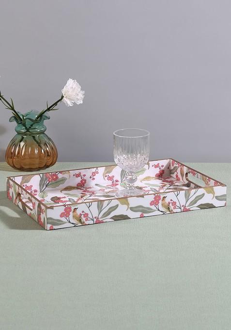 Bird Land Paradise White And Pink Floral Printed Serving Tray