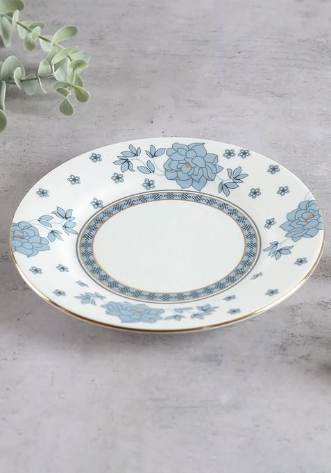 White And Turquoise Blue Floral Printed Stoneware Quarter Plate
