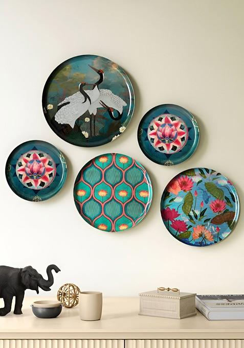 Sarus In Lake 5 Pcs Green And Pink Printed Wall Plates