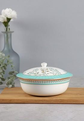 Oasis White And Olive Printed Ceramic Serving Bowl With Lid