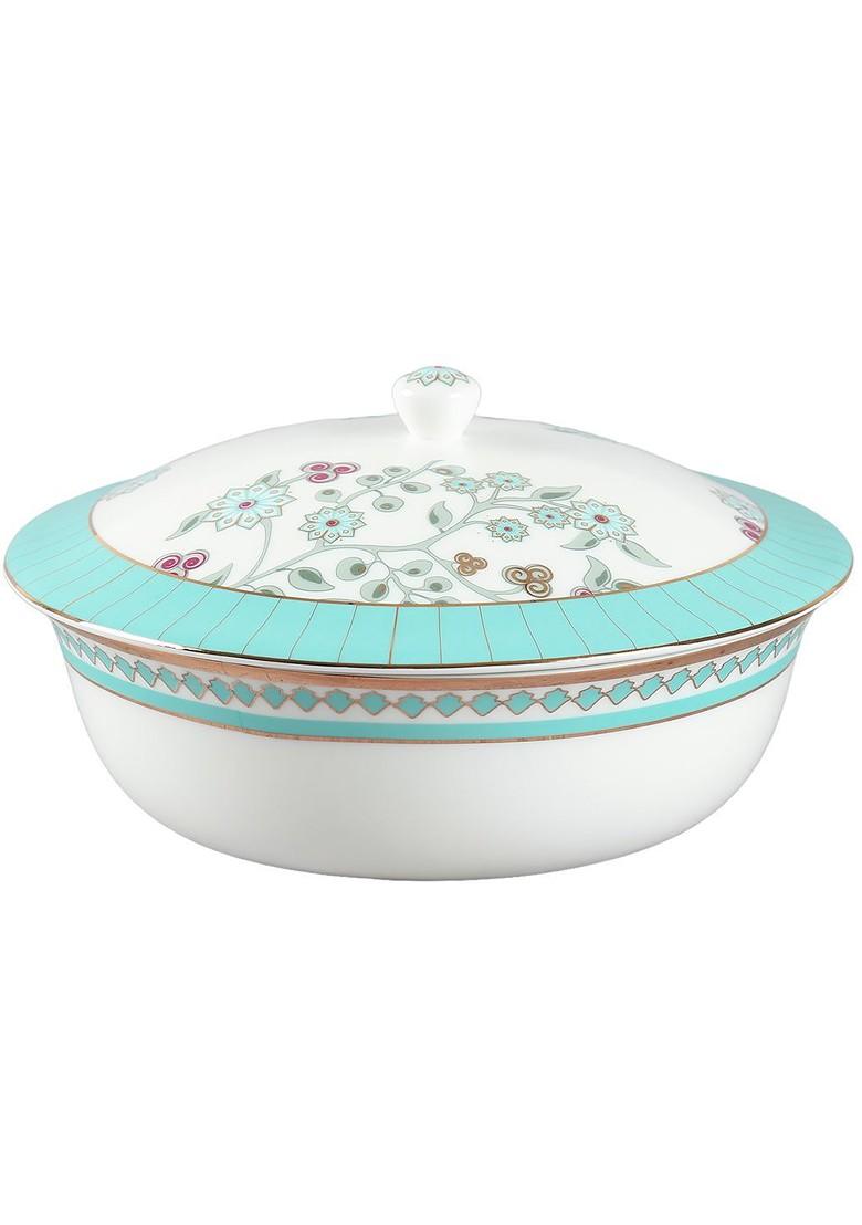 Oasis White And Olive Printed Ceramic Serving Bowl With Lid