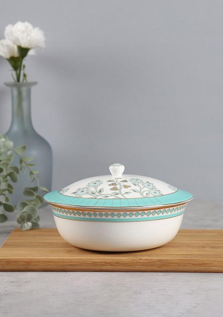 Oasis White And Olive Printed Ceramic Serving Bowl With Lid