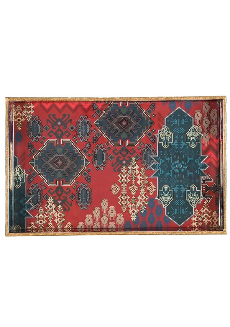 Heritage Haven Maroon And Teal Floral Printed Serving Tray