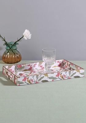 Bird Land Paradise White And Pink Floral Printed Serving Tray