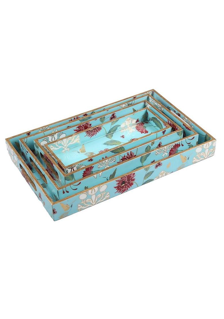Blue And Maroon Floral Printed Serving Tray