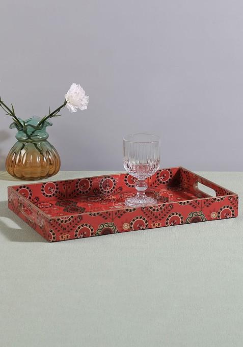 Raceme Rosettes Red And Blue Geometric Printed Serving Tray