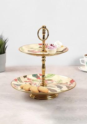 Gold Toned And Yellow Bird Land Paradise 2 Tier Serving Tray