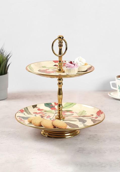 Gold Toned And Yellow Bird Land Paradise 2 Tier Serving Tray