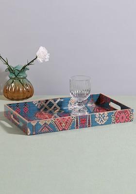 Enchanting Mirage Blue Ethnic Motifs Printed Serving Tray