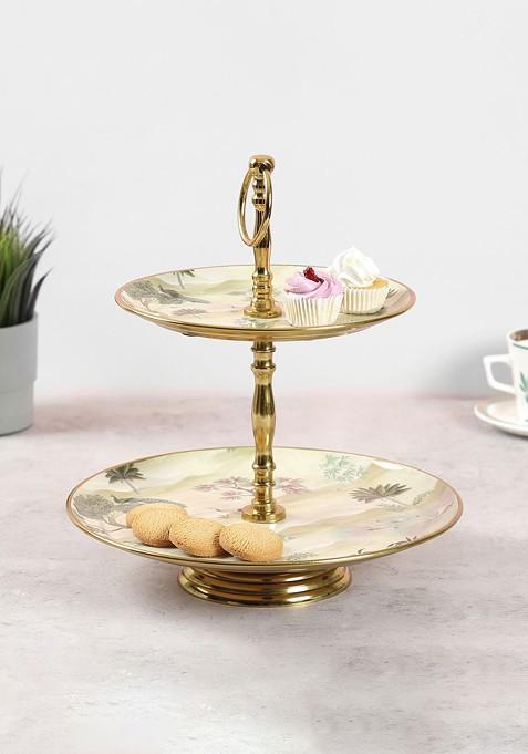 Gold Toned Bird Oasis 2 Tier Serving Tray