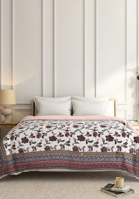 Pink And White Floral Printed Cotton Double Bed Blanket
