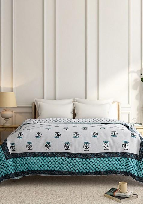 Teal And White Ethnic Motifs Cotton Double Bed Blanket