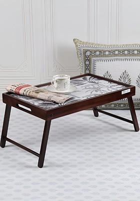 White And Brown Floral Printed Wooden Breakfast Tray
