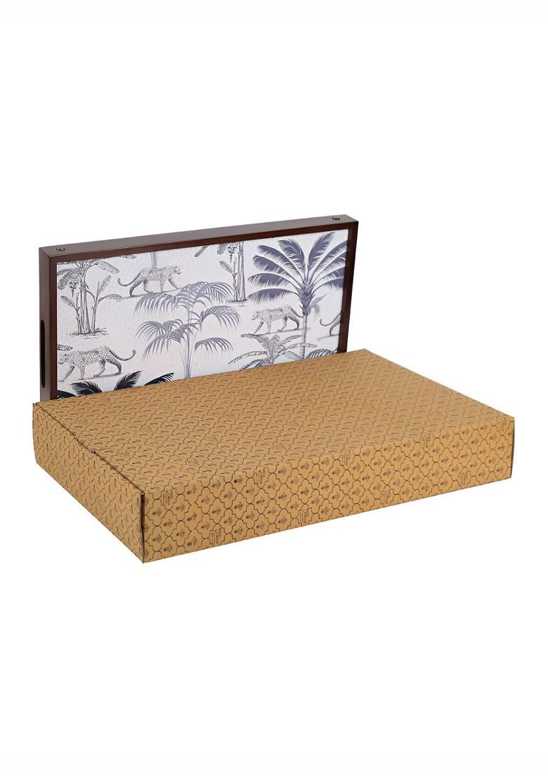 White And Brown Floral Printed Wooden Breakfast Tray
