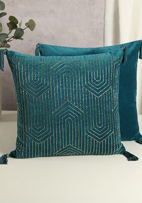 Blue Embroidered Velvet Square Cushion Cover