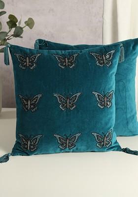 Blue Embroidered Velvet Square Cushion Cover
