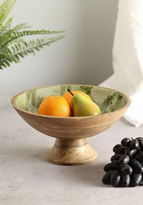 Green And White Printed Wooden Decorative Bowl