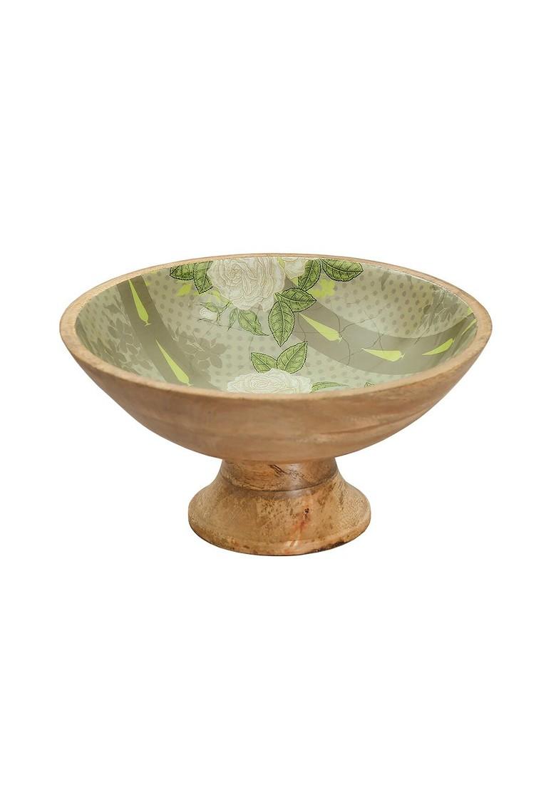 Green And White Printed Wooden Decorative Bowl
