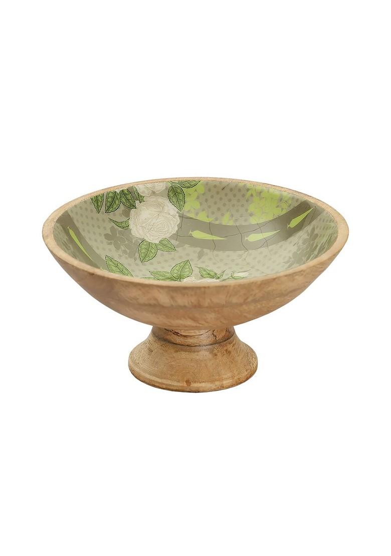Green And White Printed Wooden Decorative Bowl