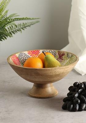 White And Red Printed Wooden Decorative Bowl