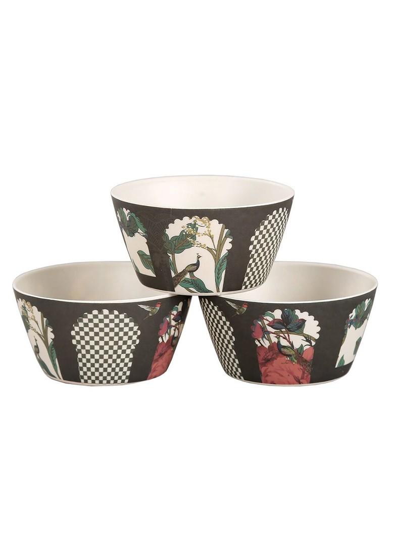4 Pcs Cream Colored And Black Printed Ceramic Bowls And Tray Set